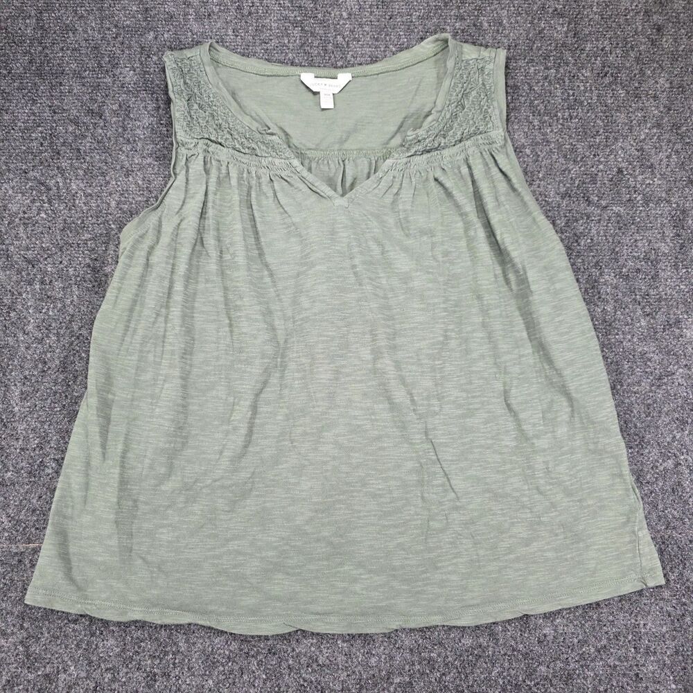 Lucky Brand Women's Smocked Lace Yoke Sleeveless Tank Top, Medium, Green Cotton.